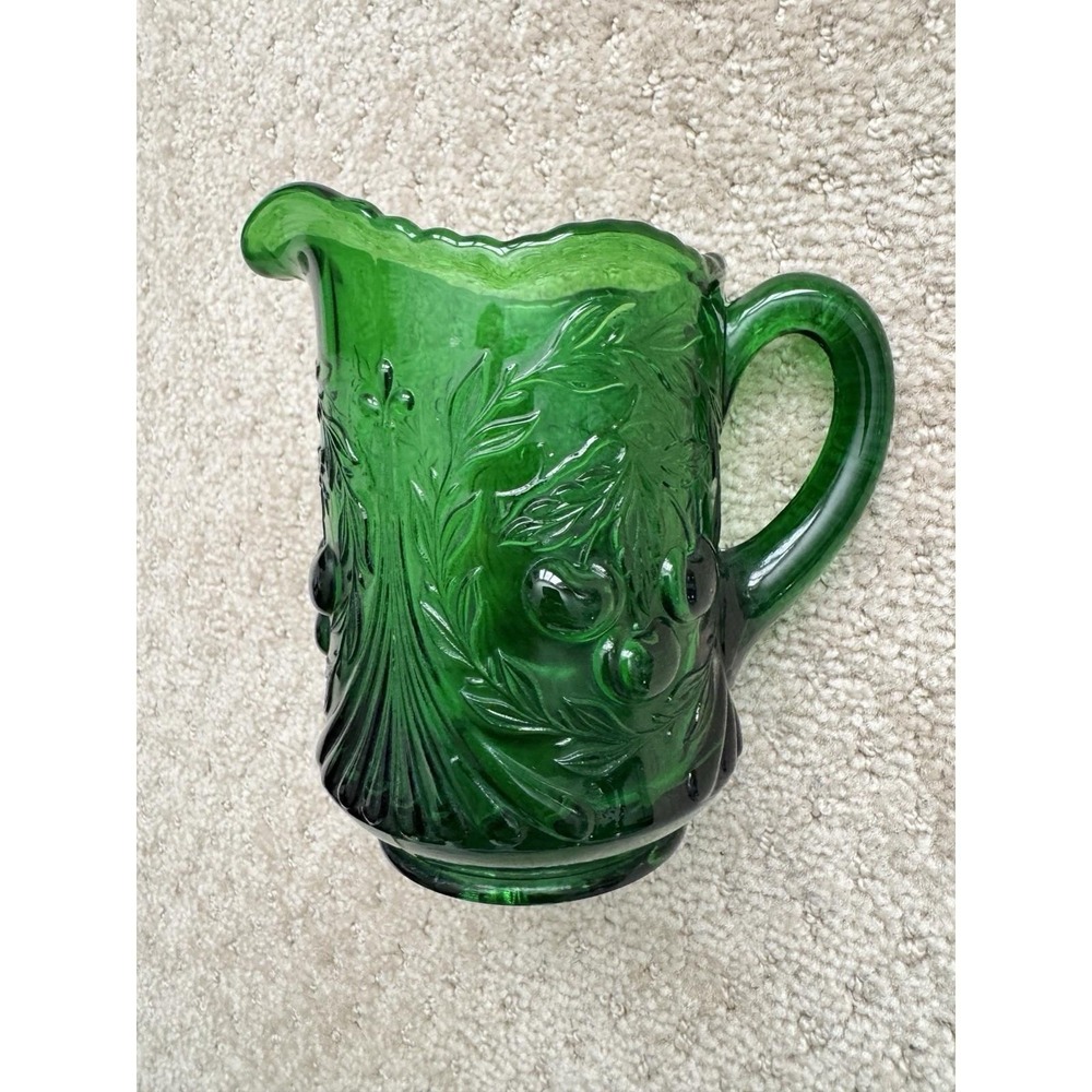 L.G. WRIGHT Opalescent Vaseline Uranium Glass Wreathed Cherry Creamer Pitcher - Picture 3 of 12